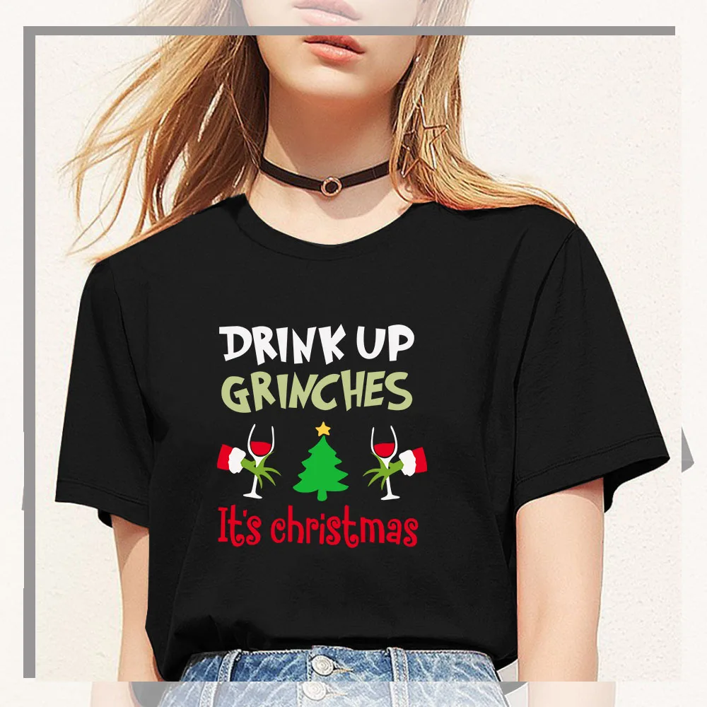 2QIMU Drink Up Grinches It's Christmas футболки модные графические женские Топы футболка с коротким рукавом женская Праздничная футболка