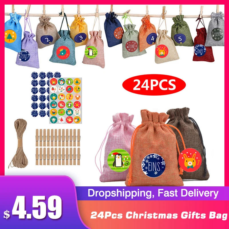 24Pcs Christmas Calendar Craft Cotton Linen Bag Advent Calendar Fabric Candy Bag Christmas Gift Craft Kit