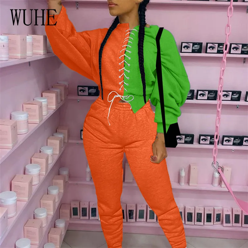 

WUHE Casual Two Piece Set Autumn Women Color Block Spliced Stacked Criss-Cross Drawstring Long Sleeve Crop Top+ Jogger Pants
