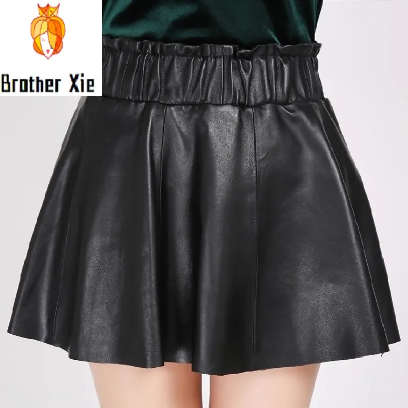 

New Genuine Leather Slim A-Line Skirts Women Black Elastic Waist Soft Sheepskin Real Leather Pleated Skirts Lady Casual Clothes