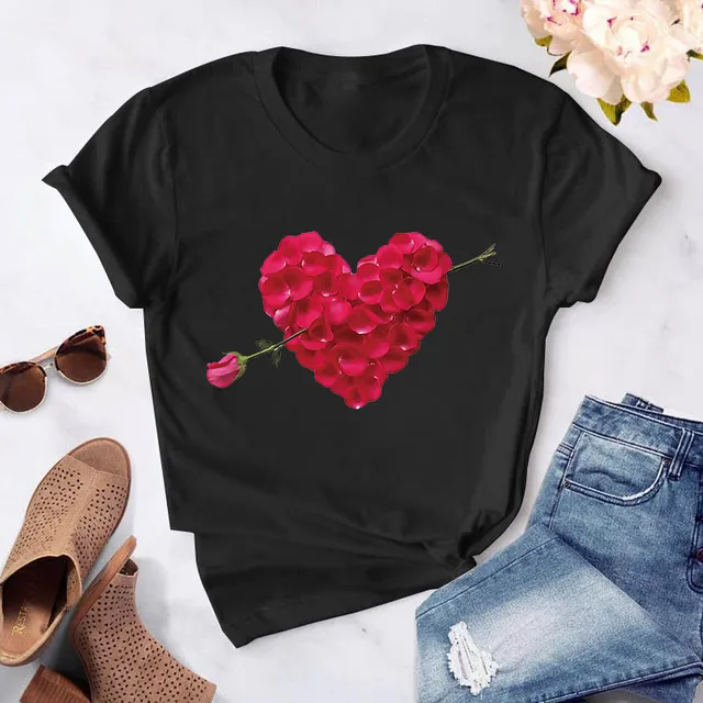 Heart flower print ladies T-shirt ladies casual basis O-collar white shirt short sleeve ladies T-shirt love graphic printing CT-Black-745