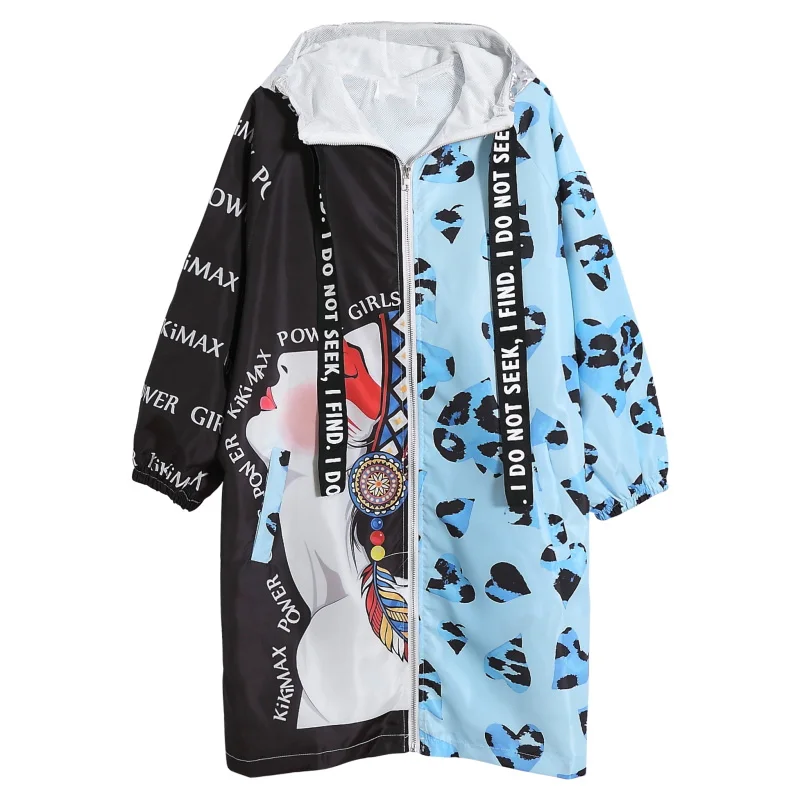 

2019 Arrival Spring Summer Lady Hooded Sun Protection Trend Style Thin Trencn Overcoat Chic pattern print Women Loose Long Coat