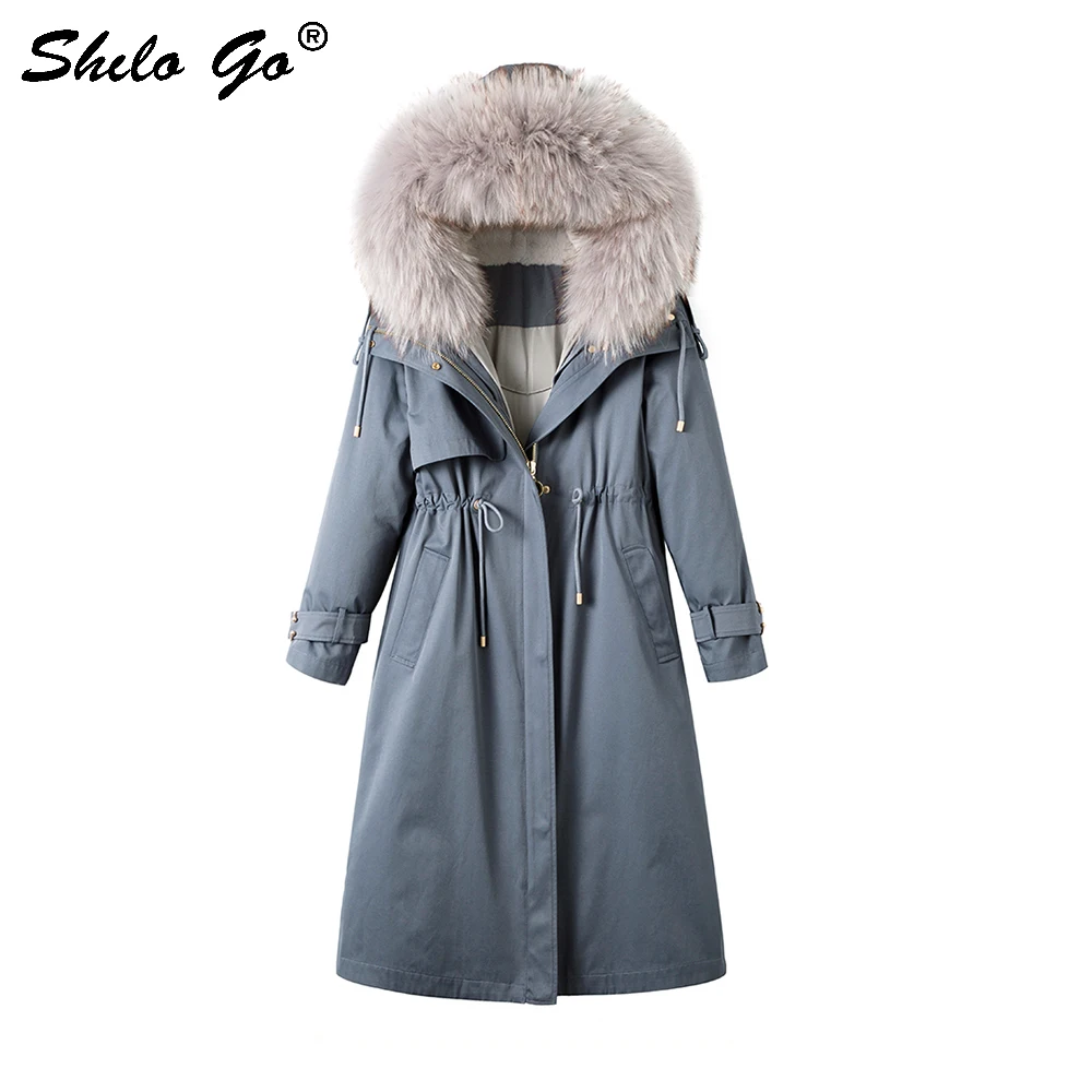 Fur Parkas Highstreet Real Raccoon Fur Collar Hooded Rabbit Fur Lining Long Coat Women Winter Casual Drawstring Waist Outwear