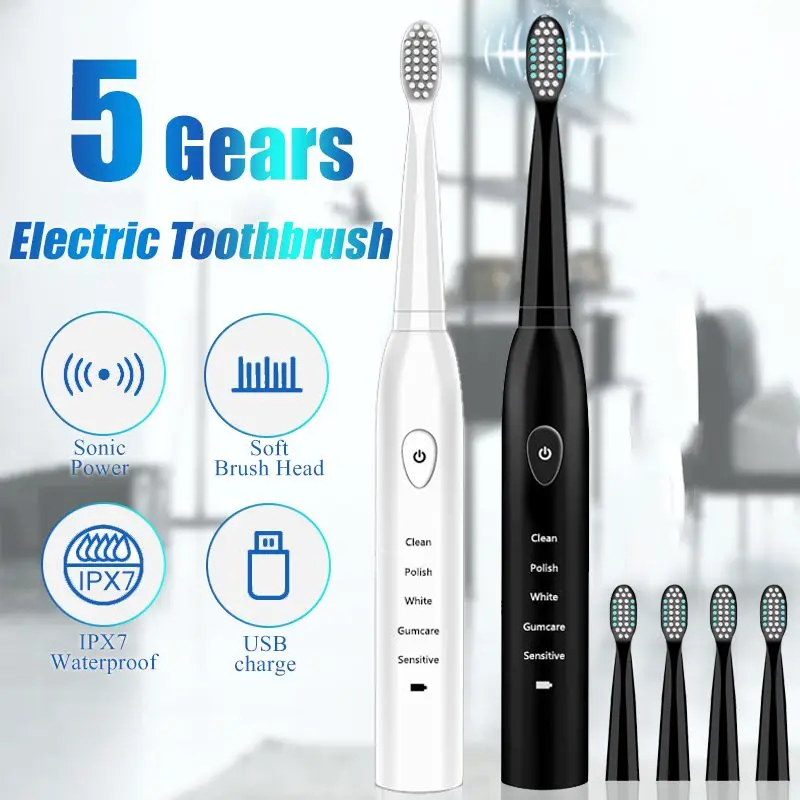 Ультра звуковая электрическая зубная щетка перезаряжаемая зубная щетка моющаяся электронная отбеливающая зубная щетка для взрослых с таймером зубная щетка