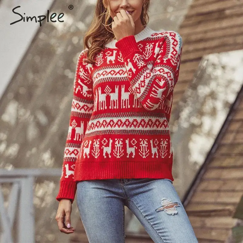 

Simplee New year women's Christmas Xmas sweater Fashion female jumper sweater Long sleeve Xmas deer printed pullover top sweater