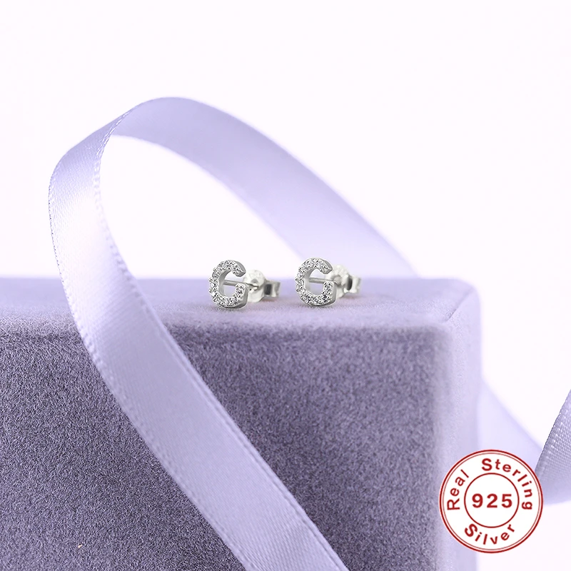 CANNER Small 925 Sterling Silver Alphabet Stud Earrings for Women Exquisite Zircon Cartilage Piercing 26 Letter Earings Jewelry