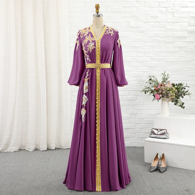 Bbonlinedress Moroccan Caftan Evening Dresses Embroidery Appliques Long Casual Women Dress Arabic Muslim Plus Size Party Robe Purple
