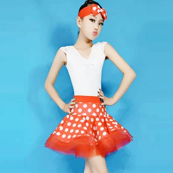 

Summer Children'S Female Latin Dance Costume For Girls Short Sleeve Polka Dot Tutu Kids Samba Cha Cha Practice Clothes DL5381