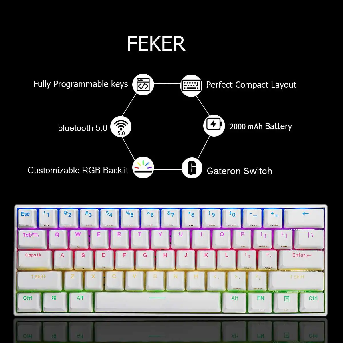 Feker 61Keys bluetooth Dual Mode Mechanical Keyboard 1.68 million RGB Backlit Type-C Gaming Keyboard Gateron Switch