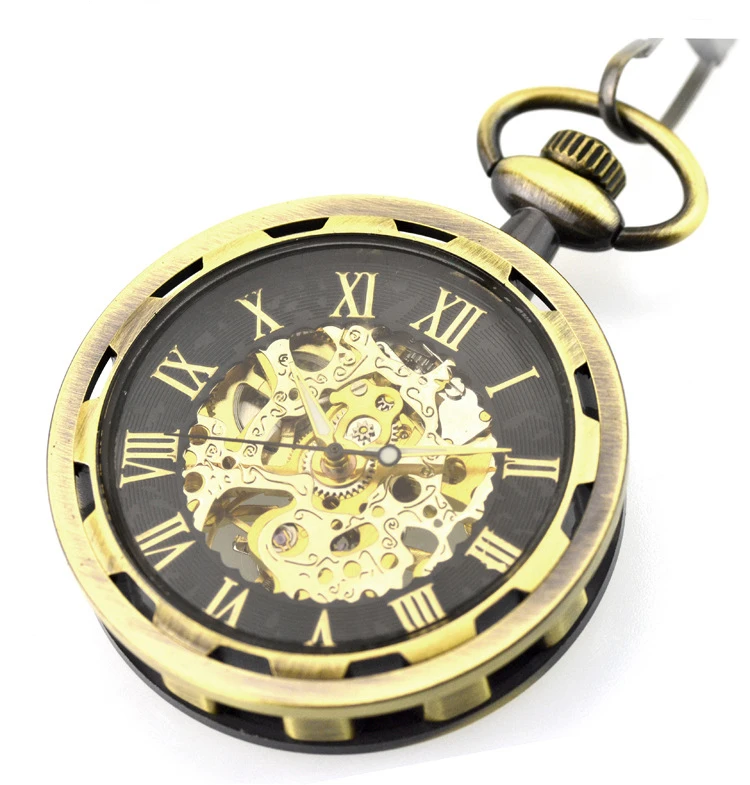 Винтаж Очаровательные черный мужской ретро римские цифры Механические карманные часы с открытым лицом Для женщин мужское ожерелье с подвеской с цепочкой
