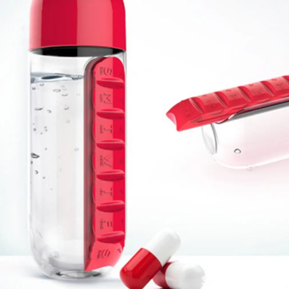 Outdoor Carrying Convenient Two-in-one Plastic Single-layer Cylindrical Water Bottle With Medicine Box Capsule Cup