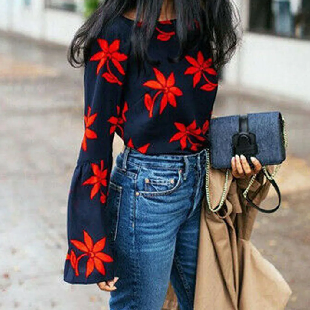 

Fashion Women Pullover Harajuku Sweater Female O-Neck Floral Printed Flare Sleeve Casual Blouse Sweater Tops ropa invierno mujer