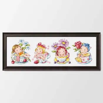 

Fishxx Printed on fabric DMC Counted Chinese Cross Stitch Kits set Embroidery Needlework Flower elf in a tea bowl