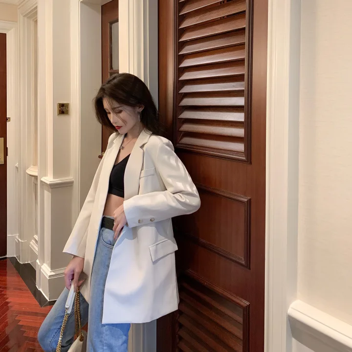 

Autumn 2019 New Style Korean-style Mid-length Casual Black And White with Pattern Suit Waist Hugging Lace-up Loose-Fit Long Slee
