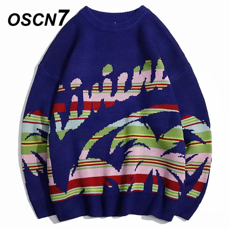 

OSCN7 Funny embroidery Sweaters Men 2019 Autumn High Streetwear Fashion Mens Pullovers Round Neck Vintage Sweaters 6959