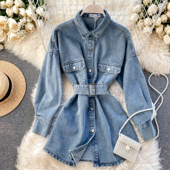 

FMFSSOM Spring Summer Vintage Sashes Belt Single Breasted Long Sleeve Pockets Denim Women Lady Outerwear