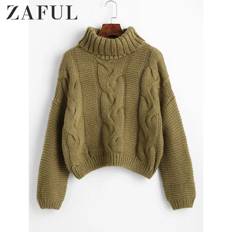 

ZAFUL Turtleneck Chunky Cable Knitted Sweater Winter Drop Shoulder Long Sleeve Women Pullovers Female Sweater Casual Jumpers