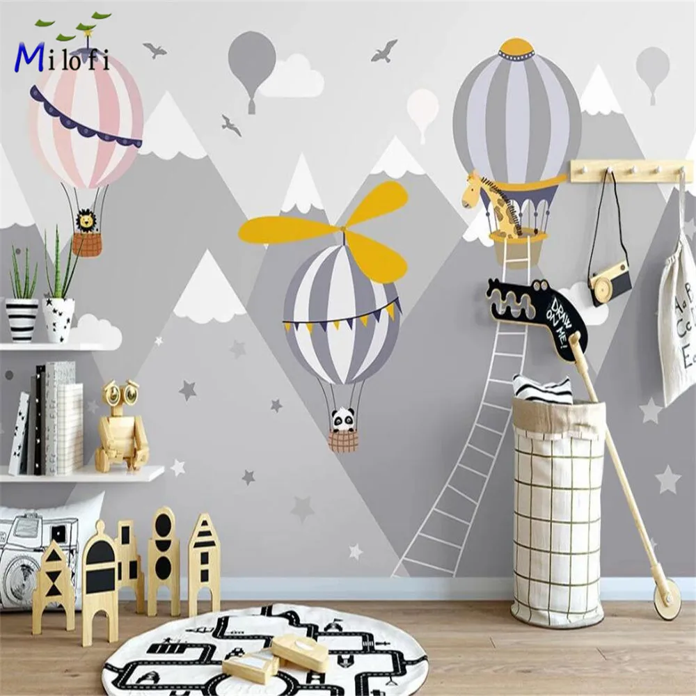 

Большие 3d обои Milofi на заказ, настенные фотообои, ручная роспись, воздушный шар, детская комната, комнатные скандинавские маленькие животные