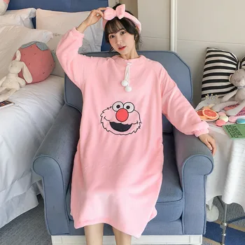 

Fashion women's cartoon image of the lovely one-piece sleeping dress autumn and winter home warmth kawaii sweet pink nightdress