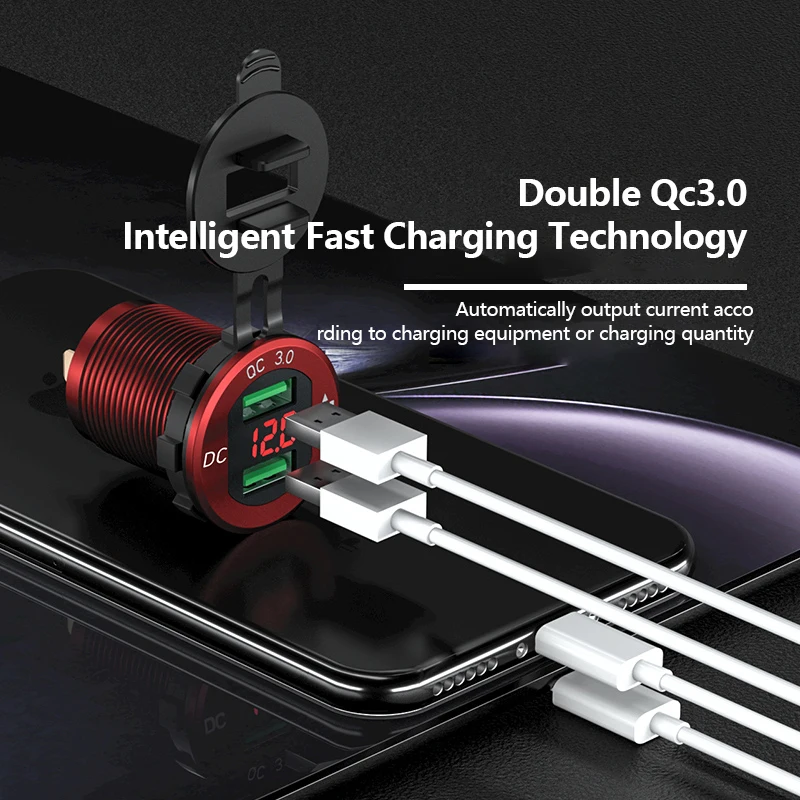 

24V Car Quick Charge 3.0 Dual USB Charger Waterproof Socket Aluminum Power Outlet Fast Charge with LED Voltmeter