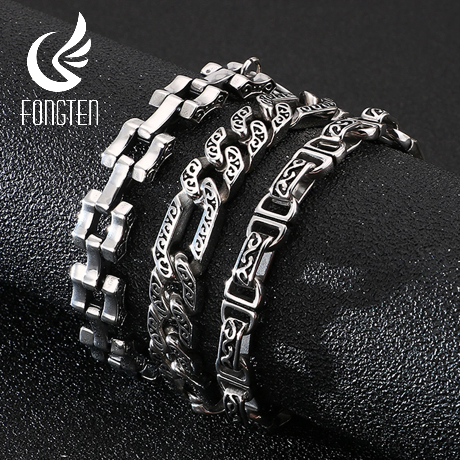 

Fongten Vintage Curb Chain Men Bracelet Retro Silver Stainless Steel Punk Charm Male Metal Bracelets Jewlery Boyfriend Gift