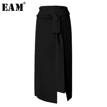 

[EAM] High Waist Black Asymmetrical Knot Split Temperament Half-body Skirt Women Fashion Tide New Spring Autumn 2020 1S452