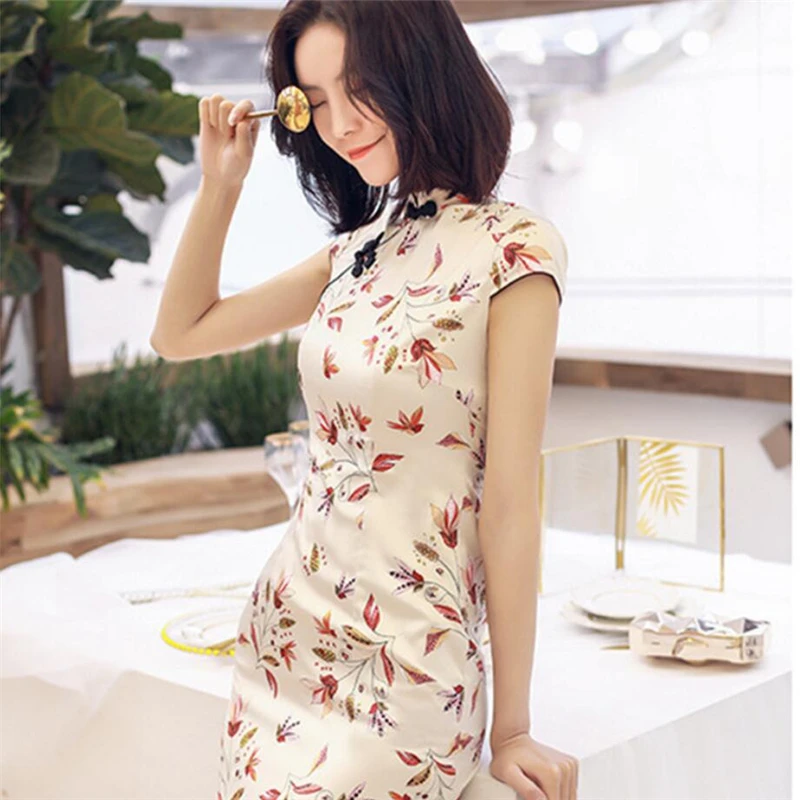 Летнее женское китайское платье шелковое атласное Сексуальное Мини cheongsam женская Роба в восточном стиле с цветочным принтом плюс Размер qipao современный винтажный