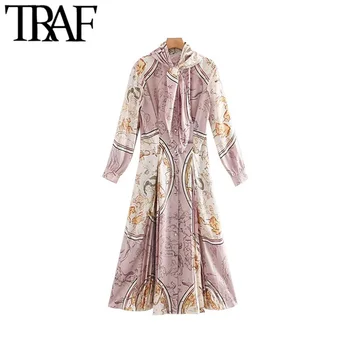 

TRAF Women Vintage Stylish Chain Print Midi Dress Fashion Bow Tie Collar Long Sleeve Female Dresses Chic Vestidos Mujer