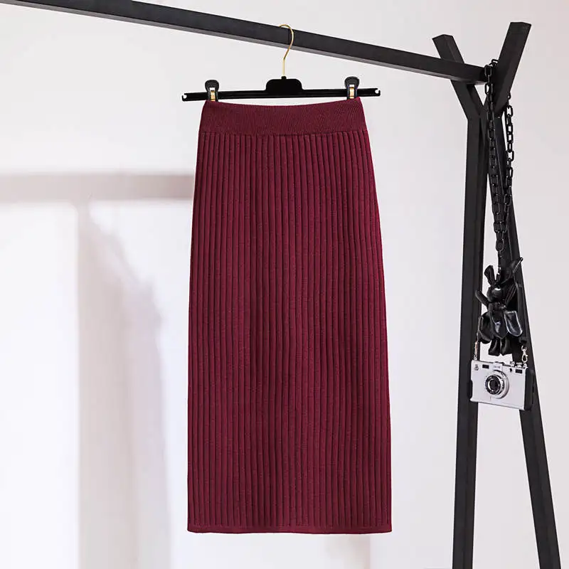 Faldas mujer moda осень зима женские трикотажные юбки однотонные сексуальные длинные юбки с разрезом faldas largas mujer - Цвет: Бургундия