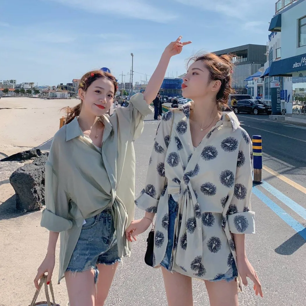 

Photo Shoot CHIC Printed Mid-length Loose-Fit Fold-down Collar Single Breasted BF Laziness Casual Style by Age Sun-resistant Shi