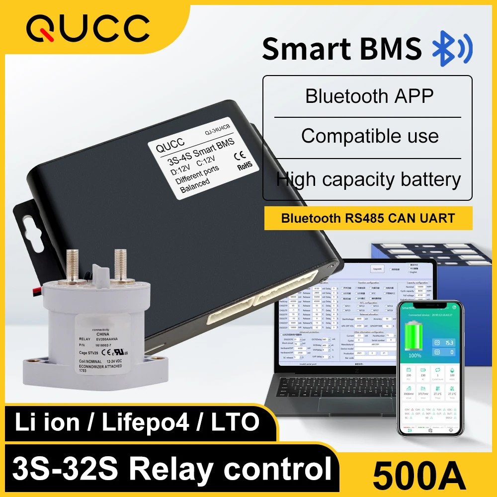 Реле Qucc Smart BMS 4S 500A 7S 8S 10S 13S 14S 16S 20S 32S lifepo4 bms с BT UART 485 CAN для литиевого аккумулятора 3 7