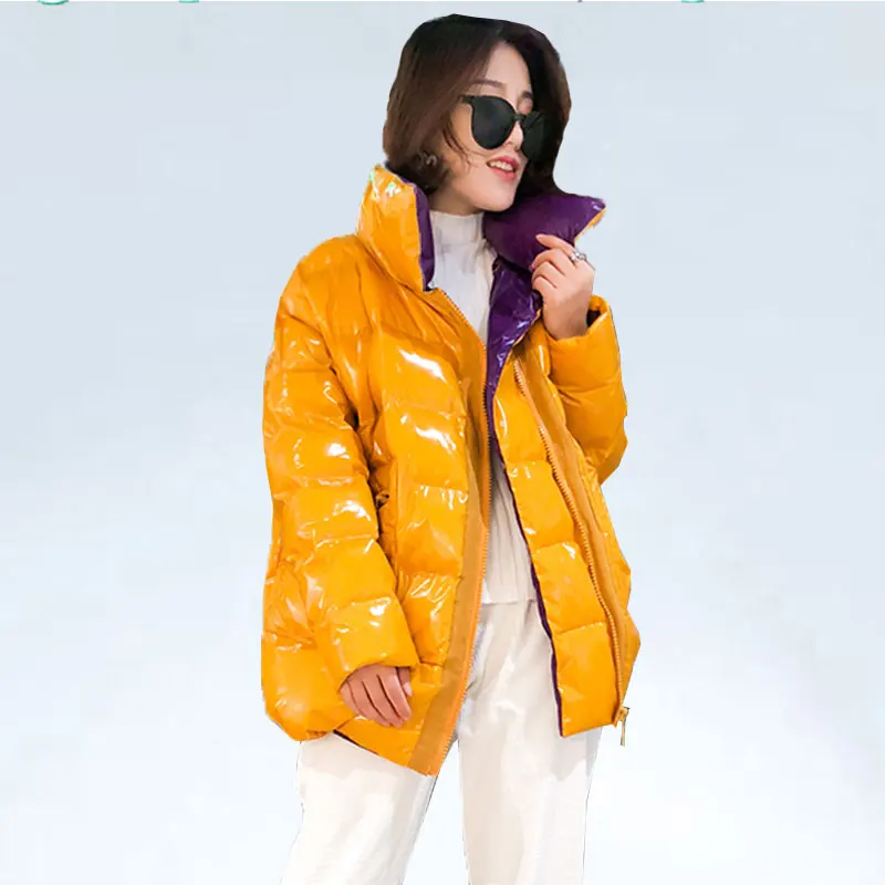 Осенне-зимняя модная женская куртка глянцевая лакированная свободная пуховая хлопковая Куртка парка Стеганое теплое пальто Женская хлебная верхняя одежда