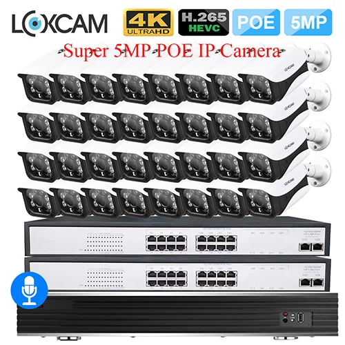 LOXCAM 32CH 5MP POE Комплект H.265+ CCTV камера система 5MP аудио запись Водонепроницаемый IP66 безопасности ip-камера видеонаблюдения NVR комплект - Цвет: 32CH NVR x 32 Camera