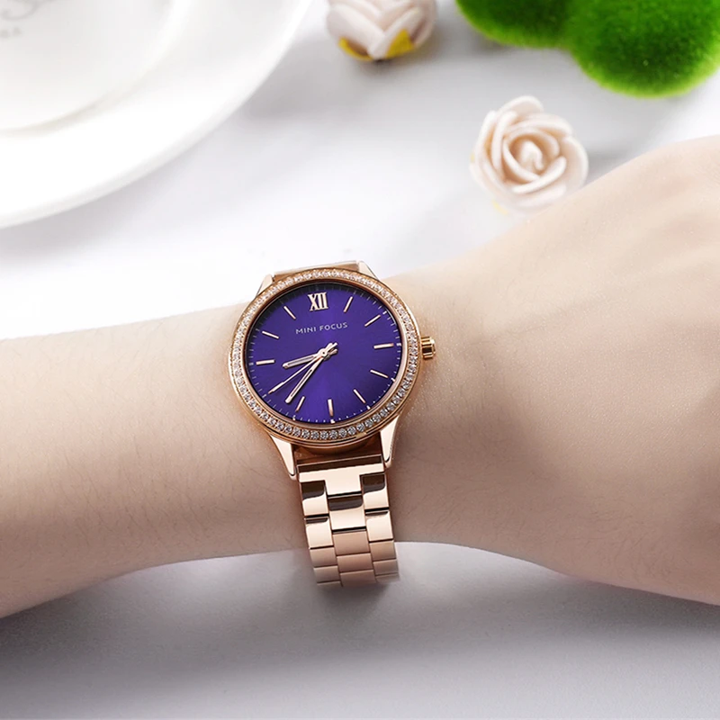 MINIFOCUS Fashion Rhinestone Women Watches Top Brand Luxury Stainless Steel Watch Women Rose Gold Quartz Girls Watches Womans