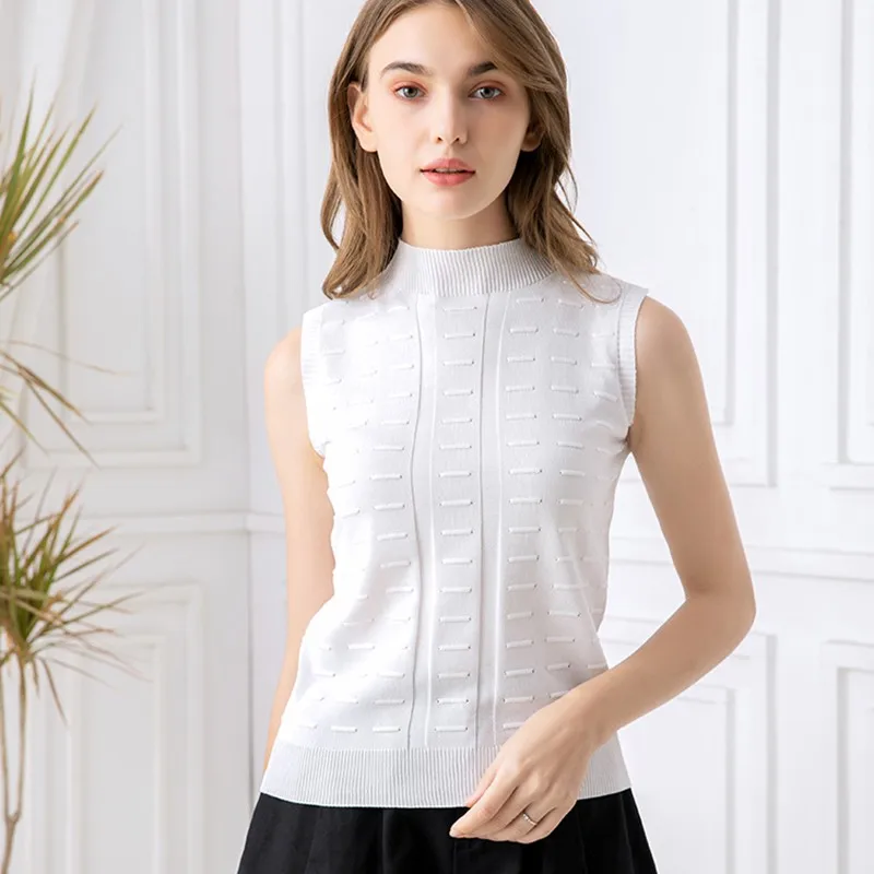 

Women Solid Half Turtleneck T Shirts Fashion Casual Knitted Sleeveless Summer Tee Shirt Basic Tops