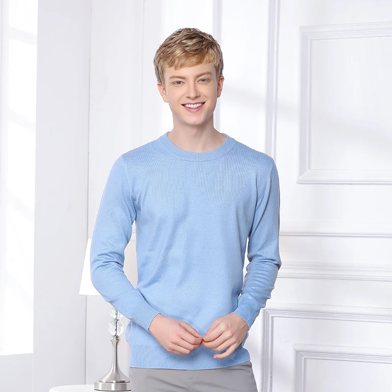 O-Neck sky blue Осенне-зимний повседневный мужской кашемировый шерстяной вязаный свитер мужской s Модный v-образный вырез/Круглый вырез сплошной цвет длинный рукав Пуловеры Топы 3XL - Цвет: O-Neck sky blue