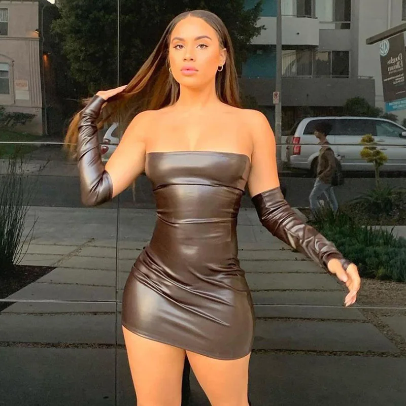

Sexy Solid Strapless Mini Dress Women New Fashion PU Skinny Bodycon Slash Neck Women's Dresses Sheath 2020 Night Clubwear
