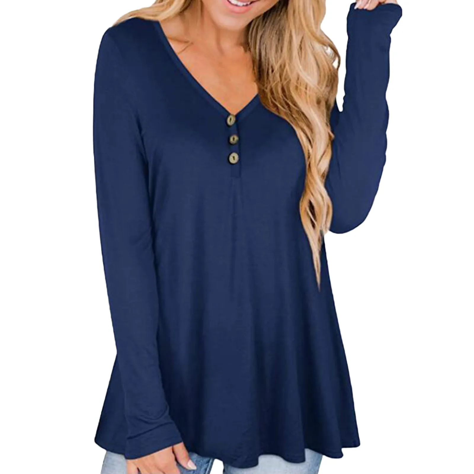 Women Solid T-shirts Autumn V-neck Long Sleeve Buttons Top Casual Plus Size Loose Tee Shirt Female Clothes Roupas Feminina 1