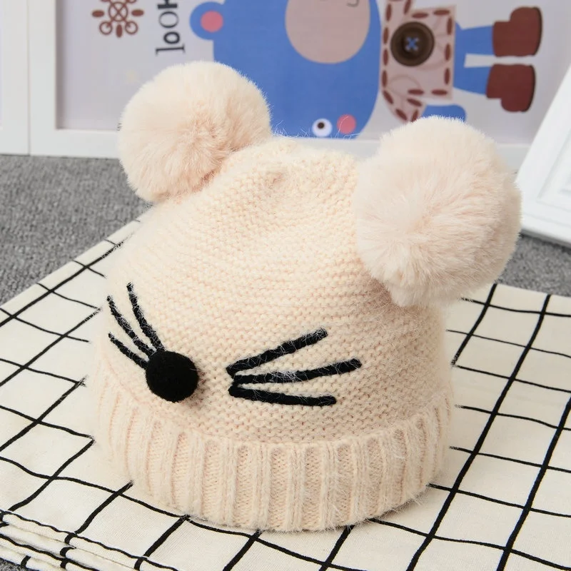 Baby Beanies Double Ball Wool Cartoon Pompom Hat Children Winter Knitted Hats Cute Cap for Girls Boys Thick Kids Beanies