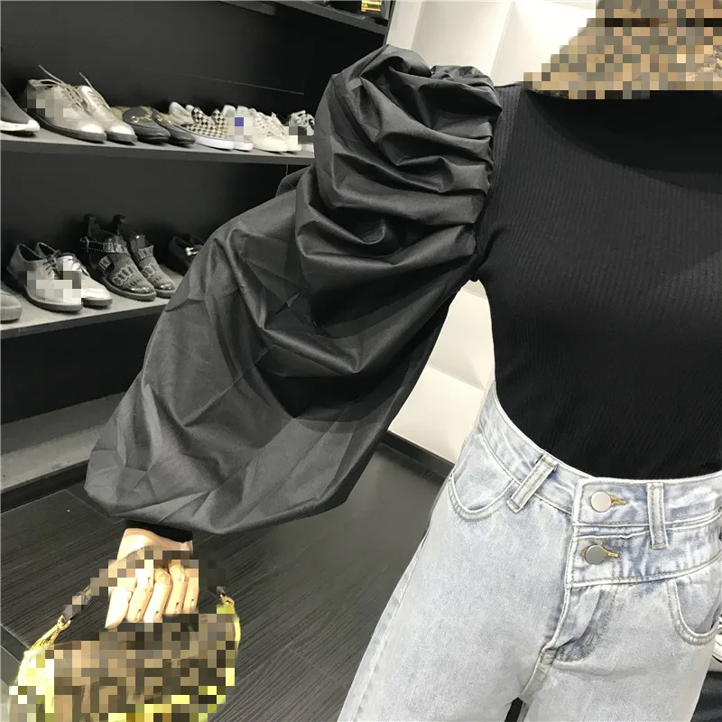 Neploe Design Slim Fit Bottom Sweater Fake Two Piece Blusas Women O Neck Puff Long Sleeve Lace Patchwork Blouse Autumn 47046