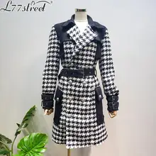 L77street Хаундстут женский Хепберн Стиль длинный отрезок деним сшивание шерстяное пальто женский выше колена Высокая куртка Женский