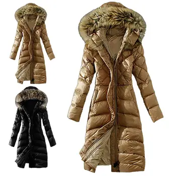 

Winter Women Solid Color Warm Sliming Cotton Coat Faux Fur Collar Long Down Jacket Ladies solid color and long style down jacke