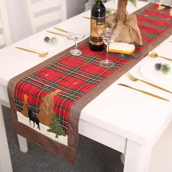

180*35CM Christmas Table Runner Plaid Tablecloth Elk Small Tree Table Mat Insulation Mat New Year Decorations Christmas Gift
