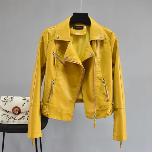 yellow Осень, новинка, костюм с заклепками, воротник, талия, короткое кожаное пальто, женская куртка из искусственной кожи для мытья воды, локомотив, тренд - Цвет: yellow