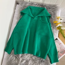 

EBAIHUI 21 Autumn Winter Polo Pullover Orange Green Sweater Women Loose Turn Down Collar Outerwear Soft Solid Knit Sweaters Top
