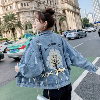 

Plus size Letters Embroidery Flower Sequins Loose Short Women's Denim Jacket Spring Female Lace-up Casual Jean Jacket Basic coat