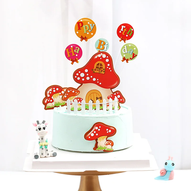 Fairy Tale World Theme Small Mushroom House Balloon Happy Birthday Cake Topper Kids Favors Cake Decoration Party Supplies