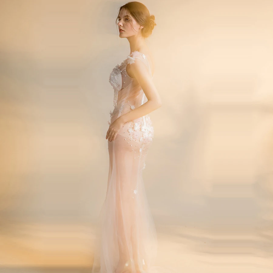 Skyyue с цветочной аппликацией без рукавов платья Robe De Soiree двойной V-образным вырезом Русалка вечернее платье вечерние платья H062
