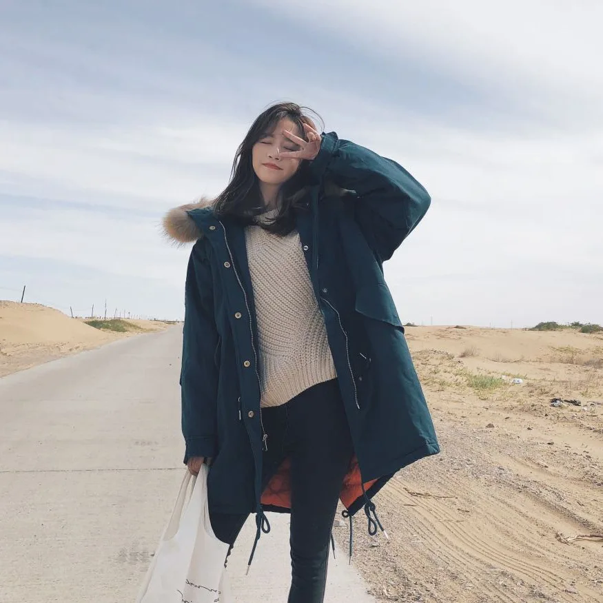 

Photo Shoot Main Push CHIC Dark Green Mid-length Hooded Raccoon Dog Large Fur Collar Drawstring Waist Hugging Workwear Cotton Co