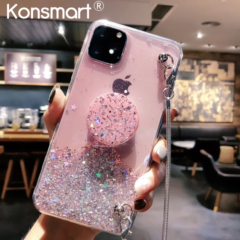 Чехол на заднюю панель для iPhone 11 pro Max, мягкий силиконовый чехол для iPhone 11, блестящий чехол-подставка с блестками, противоударный чехол на заднюю панель - Цвет: Розовый